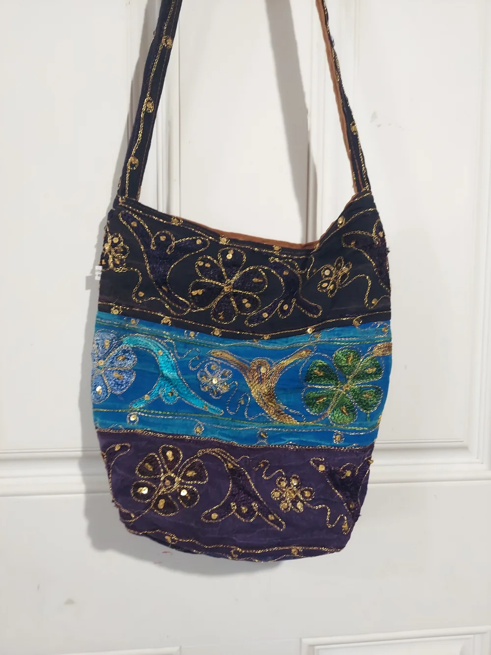 Embroidered Multicolor Hobo Bag - Blue, Purple, Black